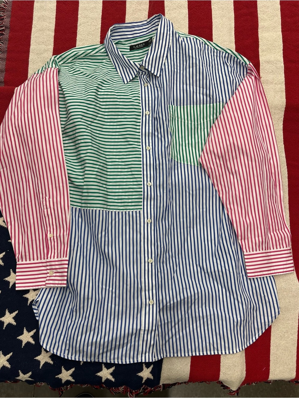 Lauren Ralph Lauren Striped Patchwork Button-Down in Blue, Green & Pink Size 3X